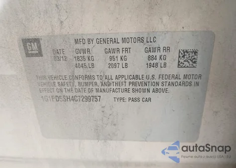 2012 Chevrolet Cruze Ls from USA, damaged, VIN 1G1PD5SH4C7299757